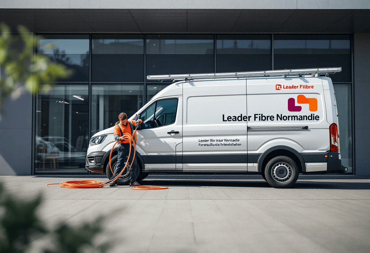 fourgon Leader Fibre Normandie stationné devant un bâtiment avec technicien déployant la fibre