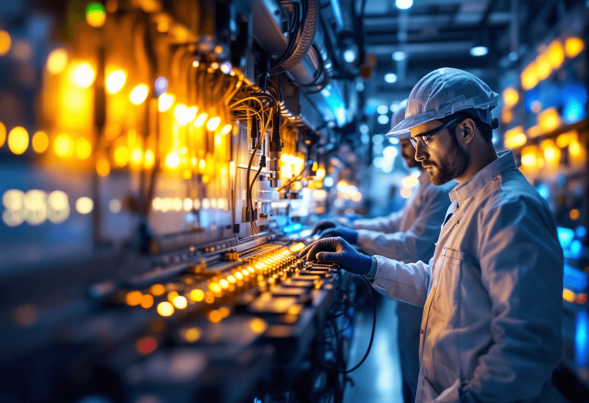 équipe technique installant la fibre optique dans un environnement professionnel moderne