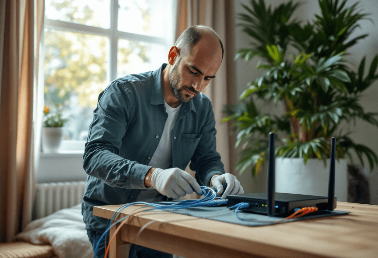 technicien raccordant la fibre internet à domicile dans un cadre lumineux et soigné