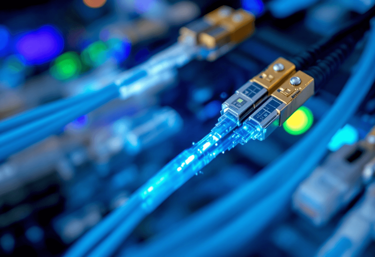 gros plan sur câbles à fibre optique bleus avec outils de connexion en arrière-plan
